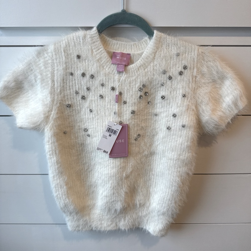 Muse, fuzzy, warm, short sleeve knit sweater size medium with rhinestone pattern